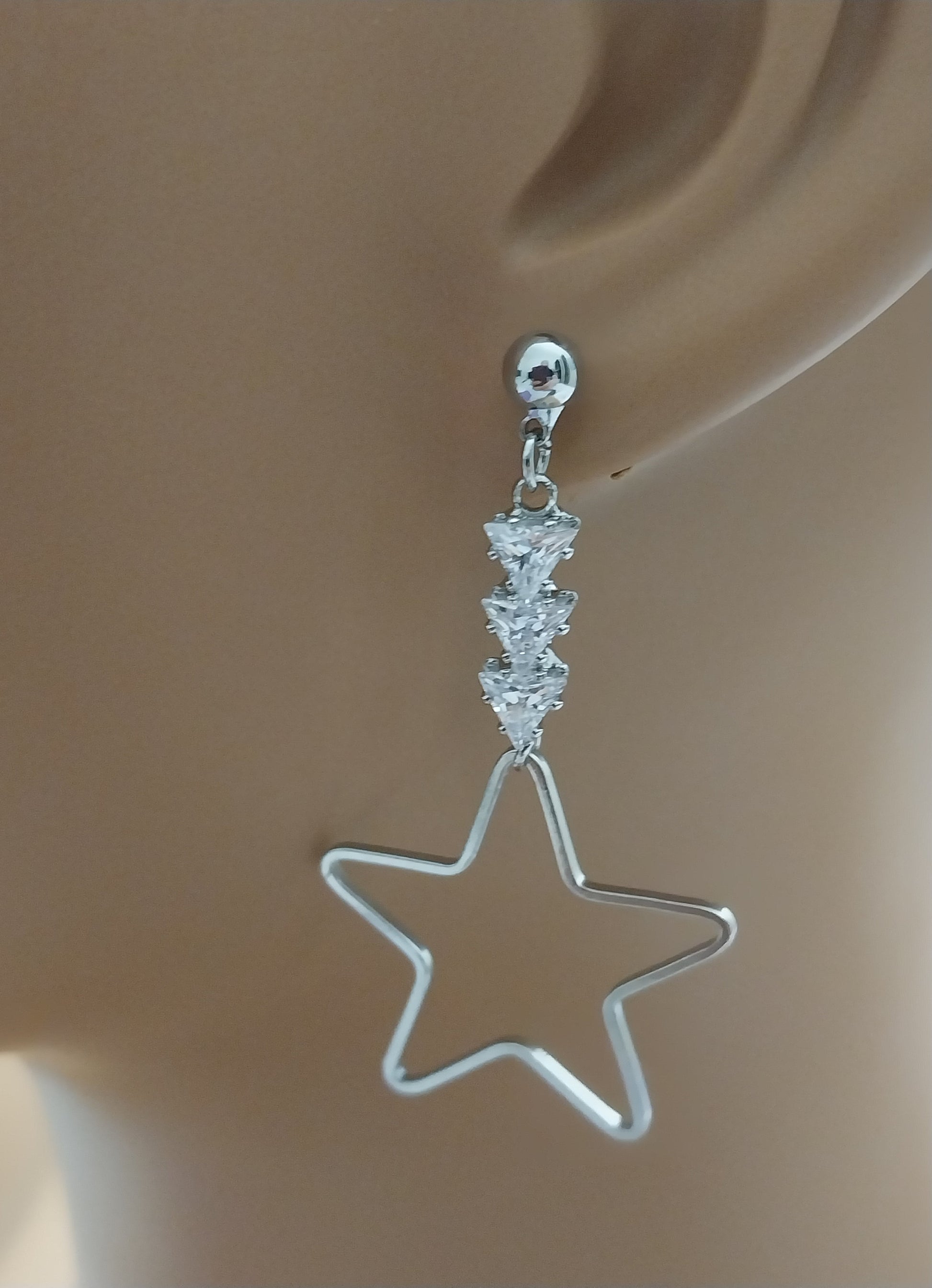 Sterling Silver Star Drop Earrings CZ Sparkling Large Star Earrings Handmade Unique Design High Quality Free Shipping