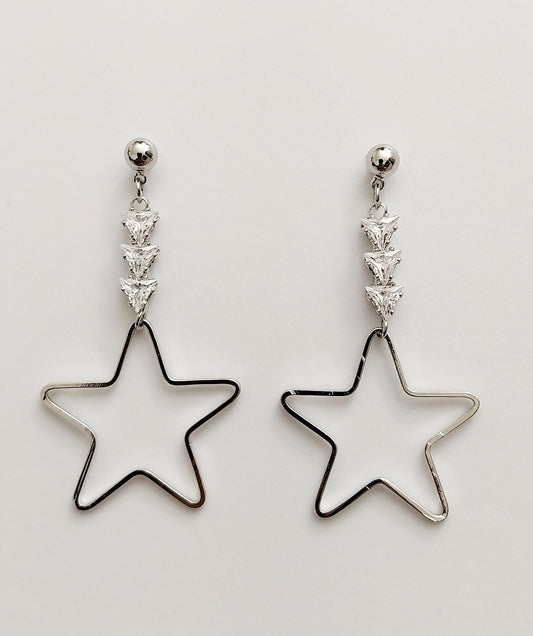 Sterling Silver Star Drop Earrings CZ Sparkling Large Star Earrings Handmade Unique Design High Quality Free Shipping