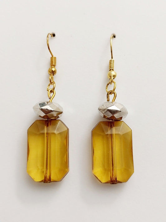 Rectangle Crystal Earrings Handmade Golden Honey Color Earring Unique Large Faux Stone Style Earring Bright Yellow Vintage Fashion Earring