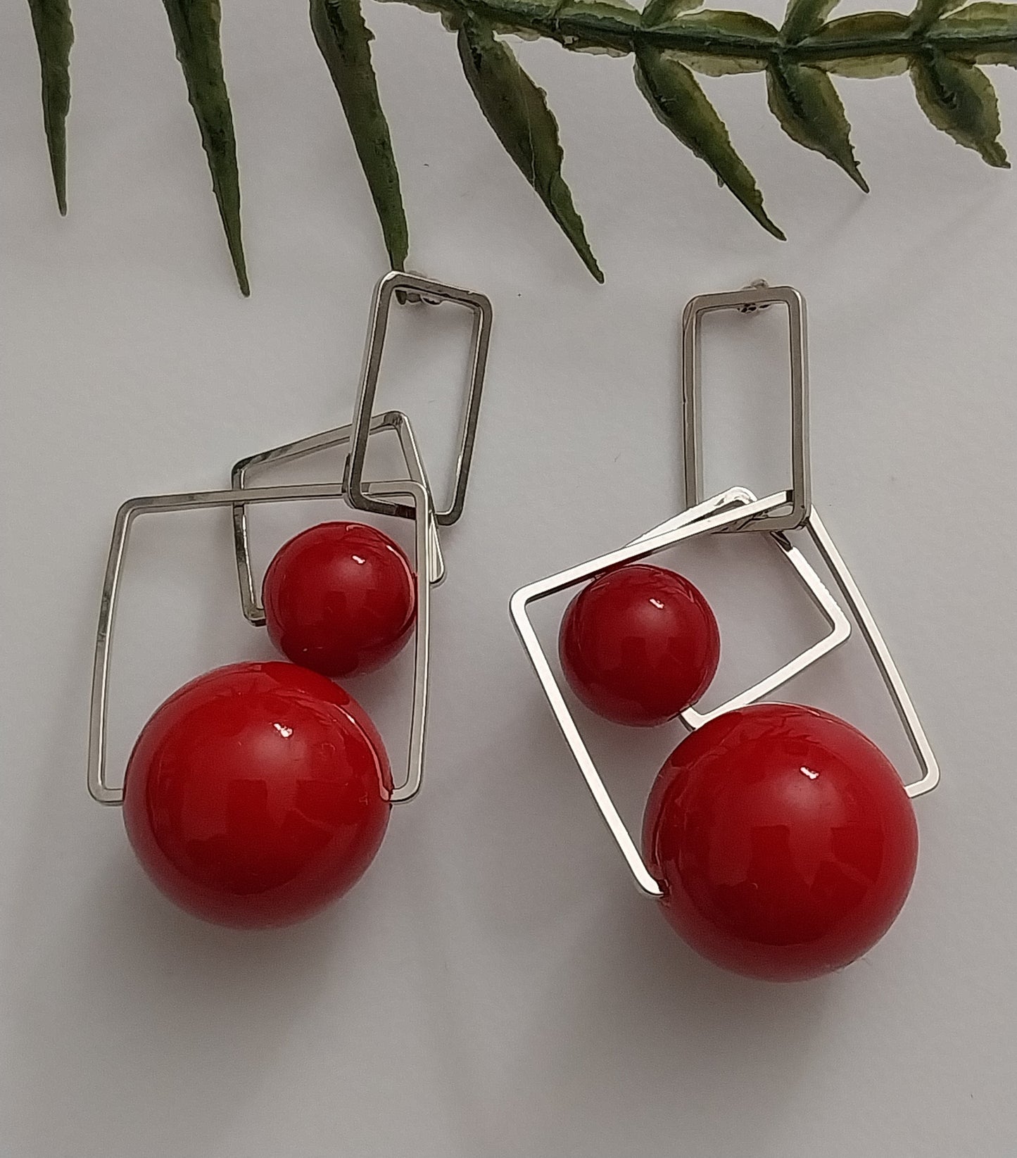 Modern Giant Earring Red Ball Drop Earrings Sterling Steel Double Ball Earring Rectangle Earrings New Design