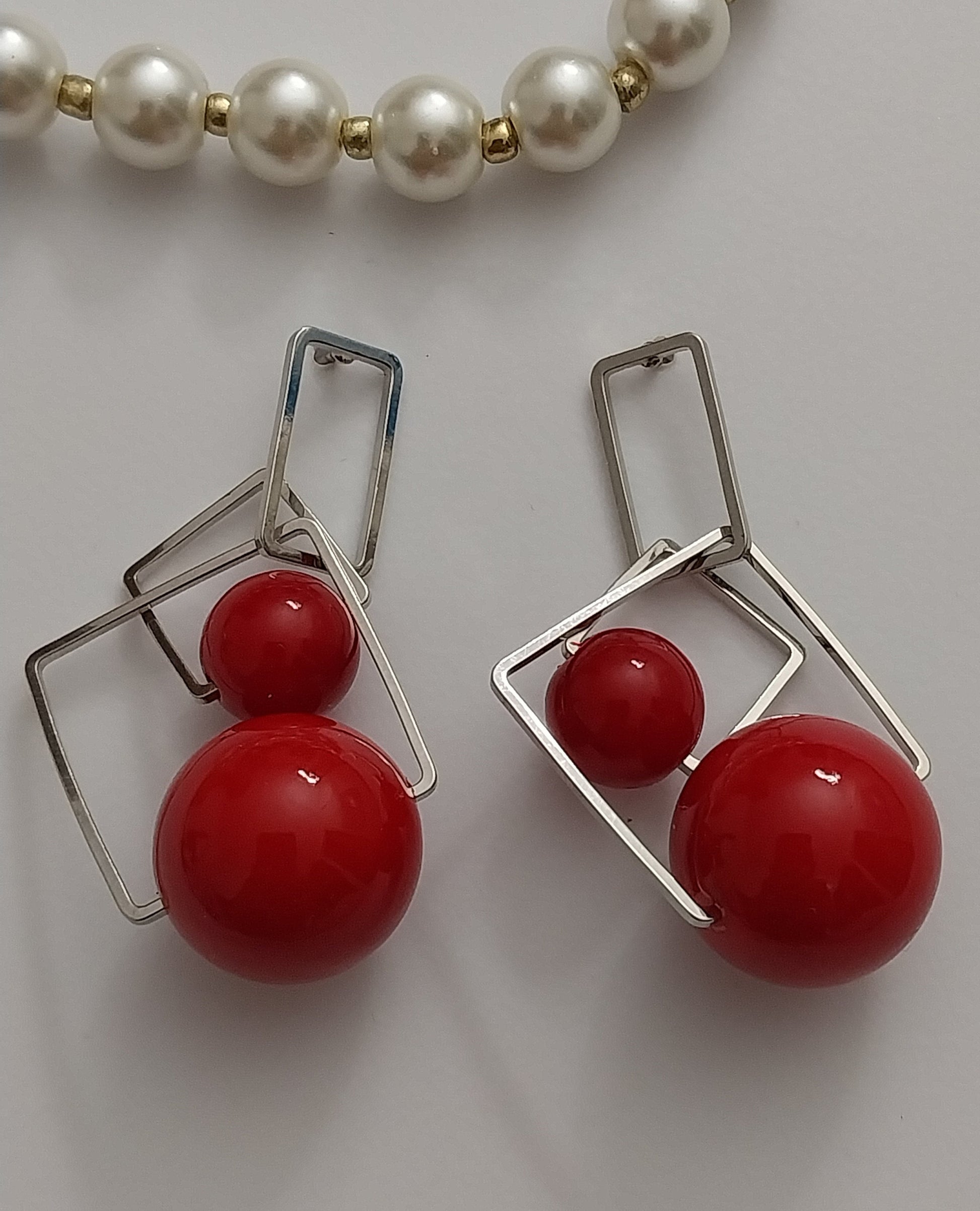 Modern Giant Earring Red Ball Drop Earrings Sterling Steel Double Ball Earring Rectangle Earrings New Design