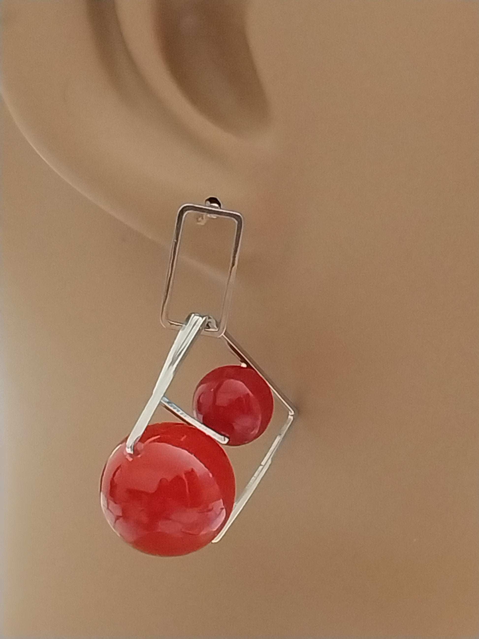 Modern Giant Earring Red Ball Drop Earrings Sterling Steel Double Ball Earring Rectangle Earrings New Design