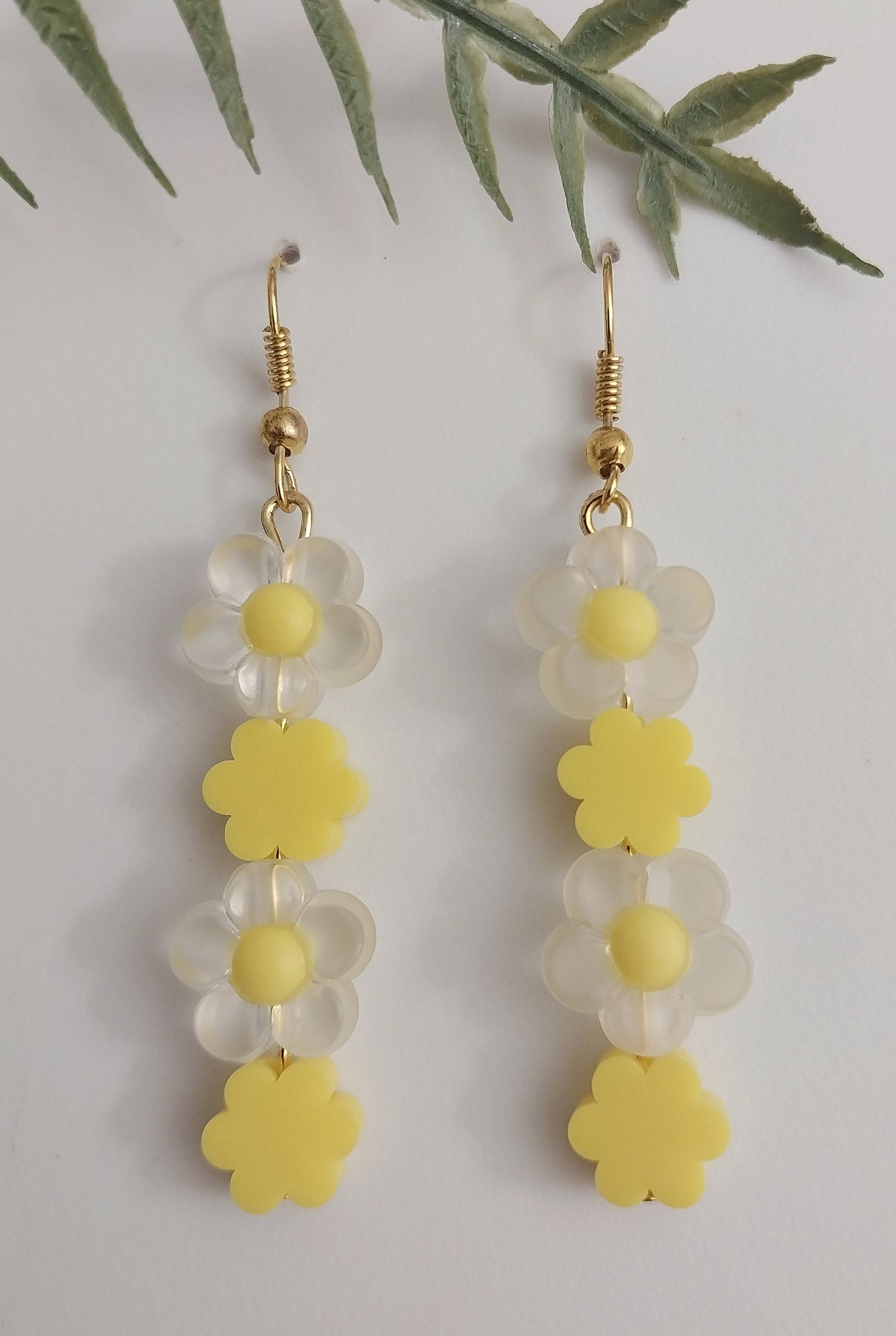 Yellow Flower Earring White Flower Drop Earring Handmade Romantic Celebration Earring New Unique Design Handmade Cute Long Flower Earring