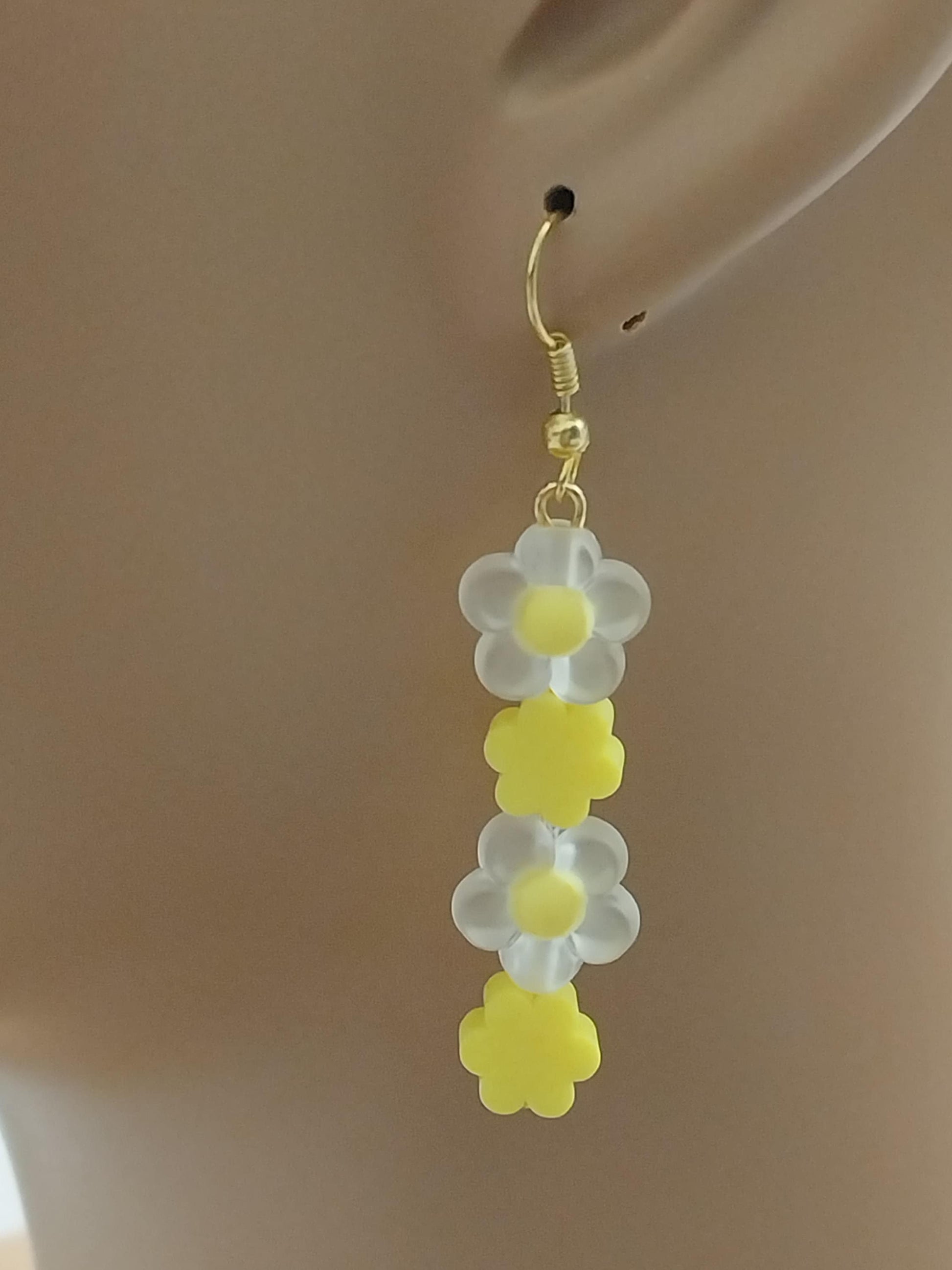 Yellow Flower Earring White Flower Drop Earring Handmade Romantic Celebration Earring New Unique Design Handmade Cute Long Flower Earring