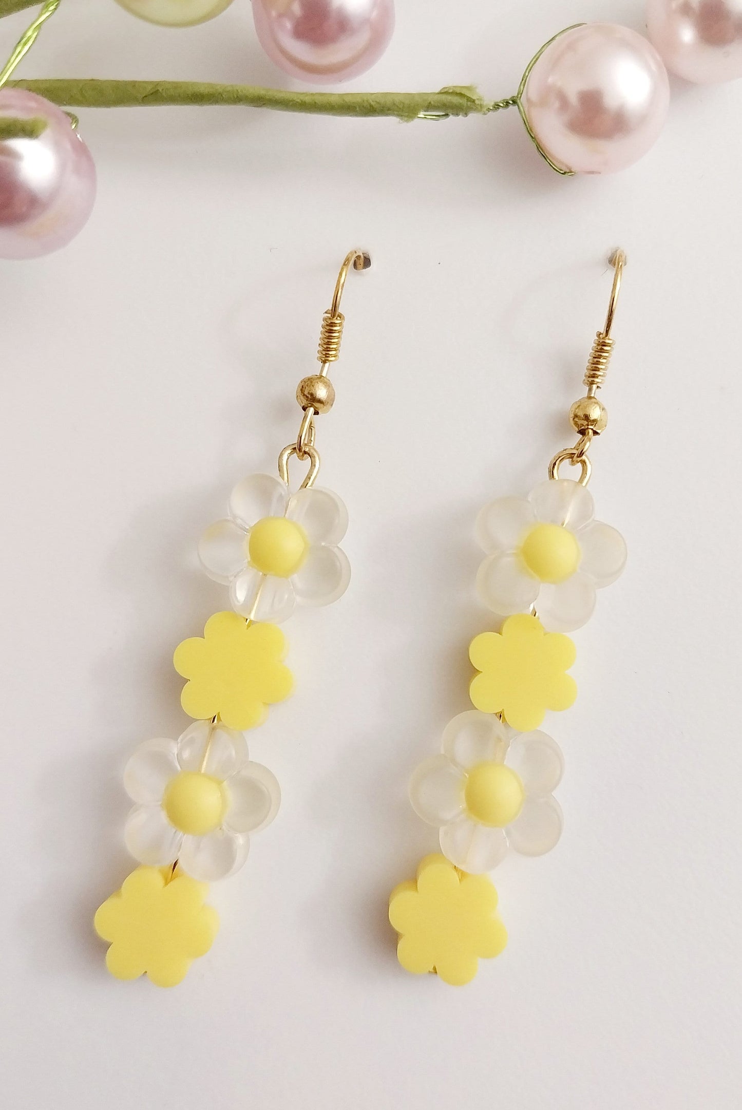 Yellow Flower Earring White Flower Drop Earring Handmade Romantic Celebration Earring New Unique Design Handmade Cute Long Flower Earring