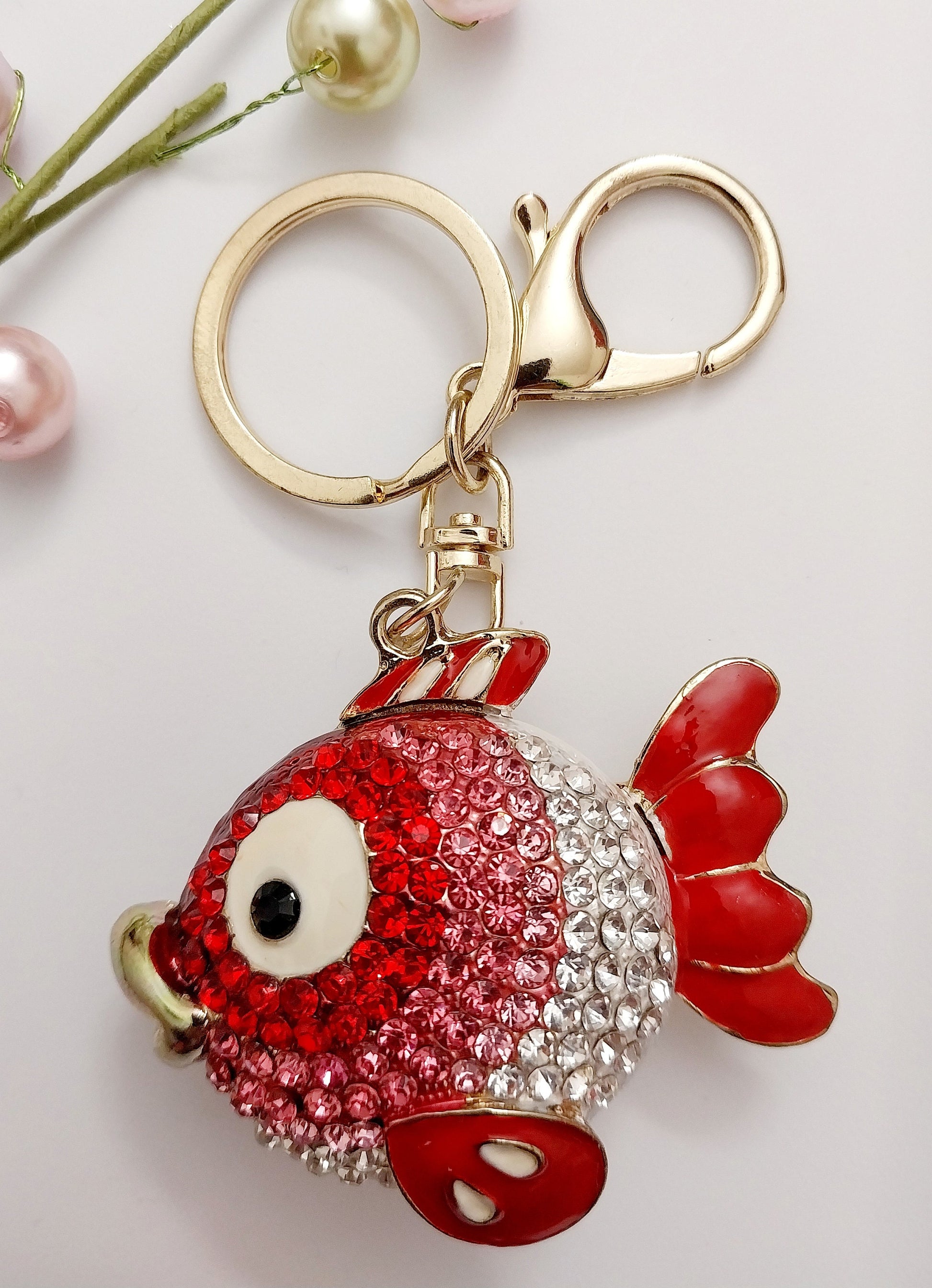 Golden Fish Keychain Colorful Fish Pendant Crystal Tail Fish Rhinestone Keychain