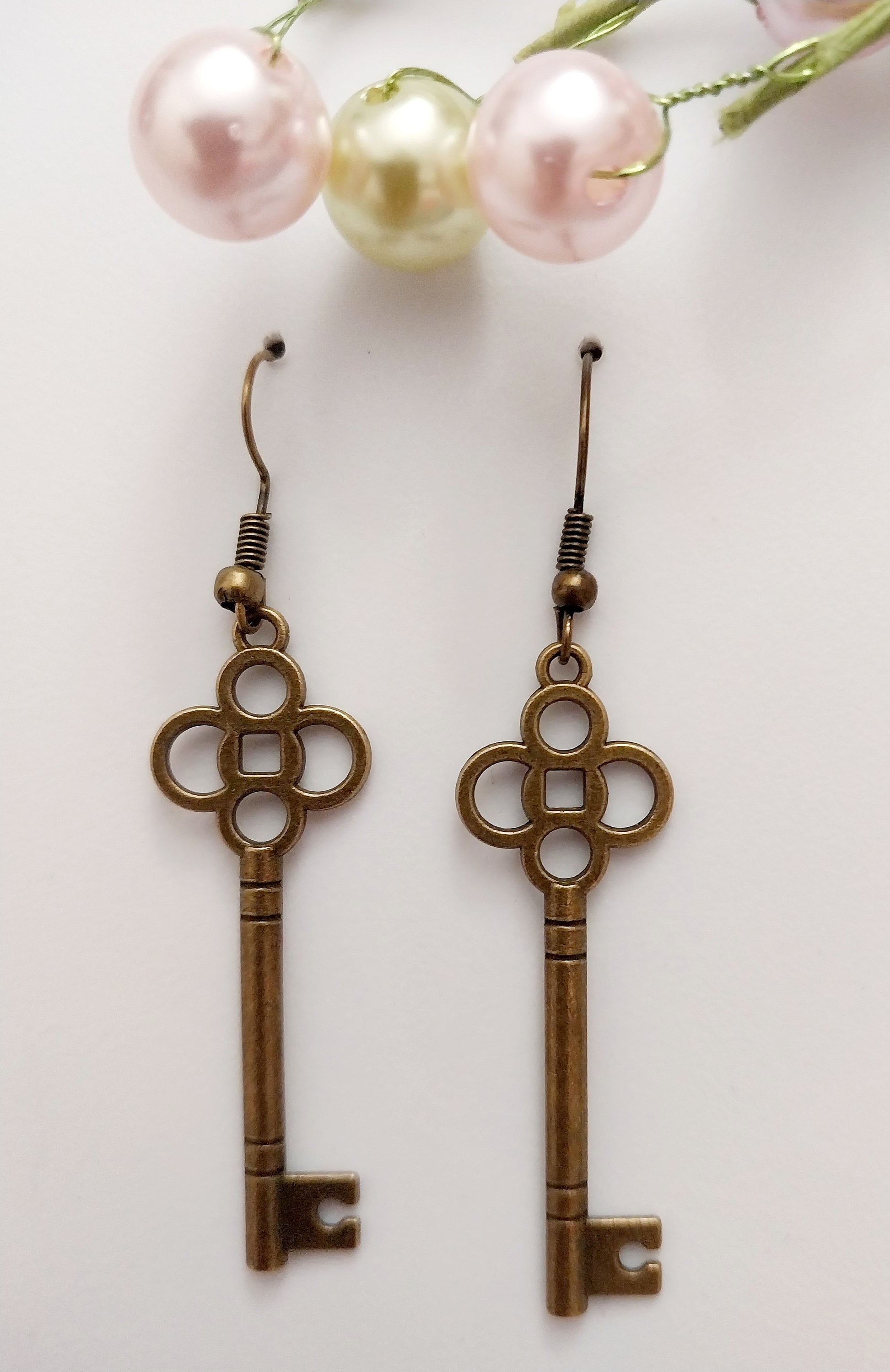 Key Earrings Heart Flower Pretty Key Old Fashion Bronze Earring Romantic Retro Earring New Fashion Design Earring