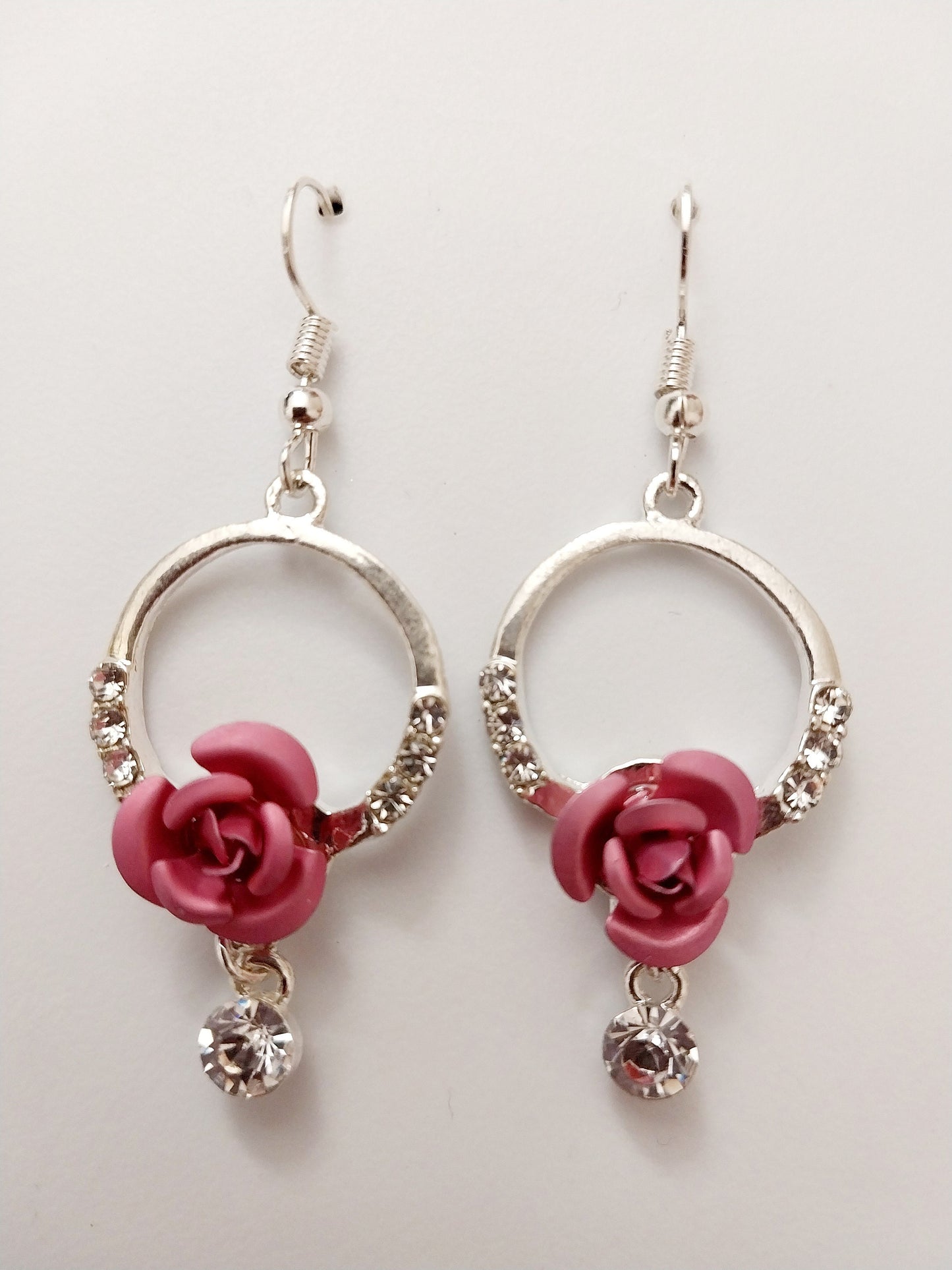 Crystal Pink Rose Flower Earrings Retro Style Rose Drop Earring Vintage Handmade Unique Earring