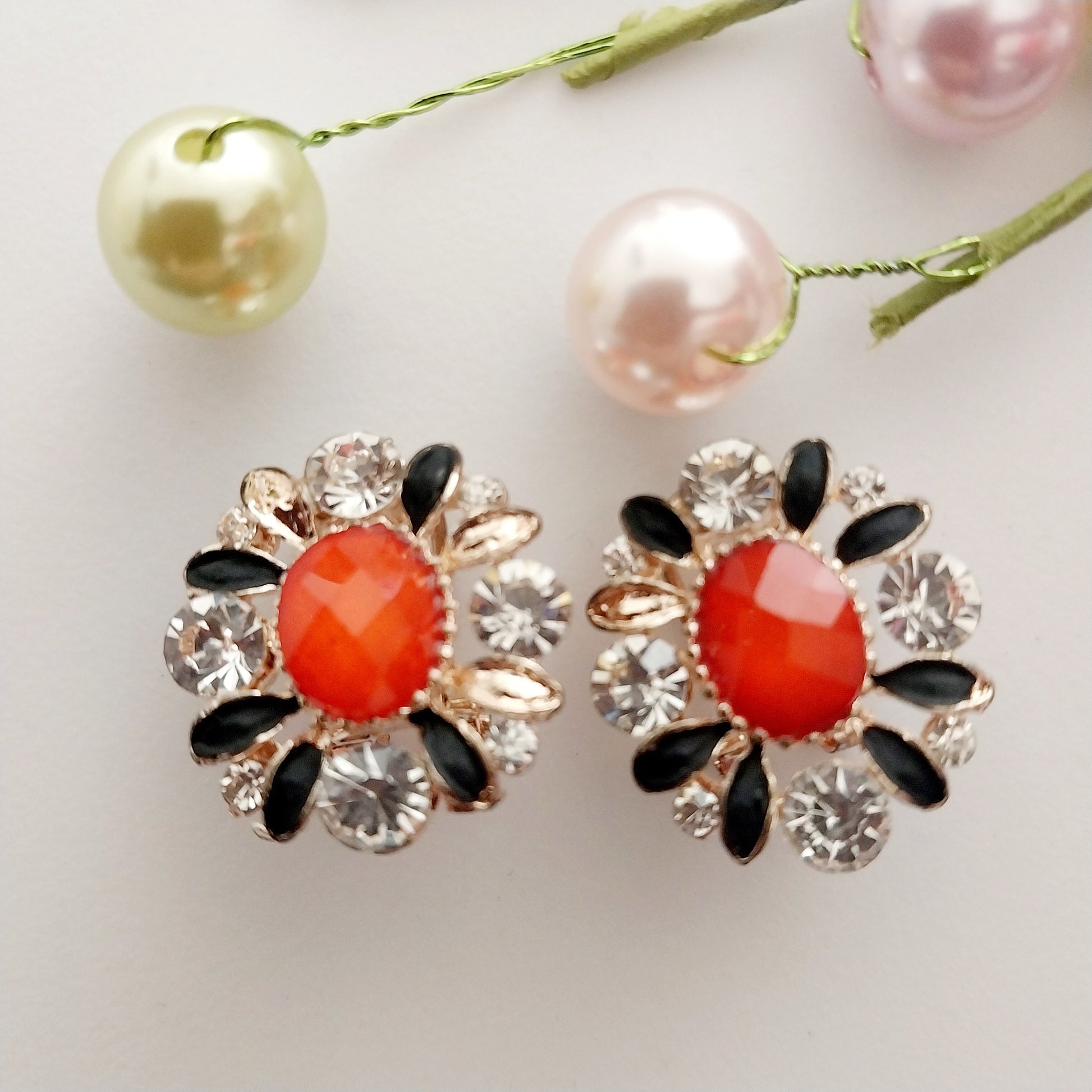 Moon Art Earring Flower Crystal Clip Earrings Stainless Steel Red Black Stud Earring New Fashion Unique Design Earring