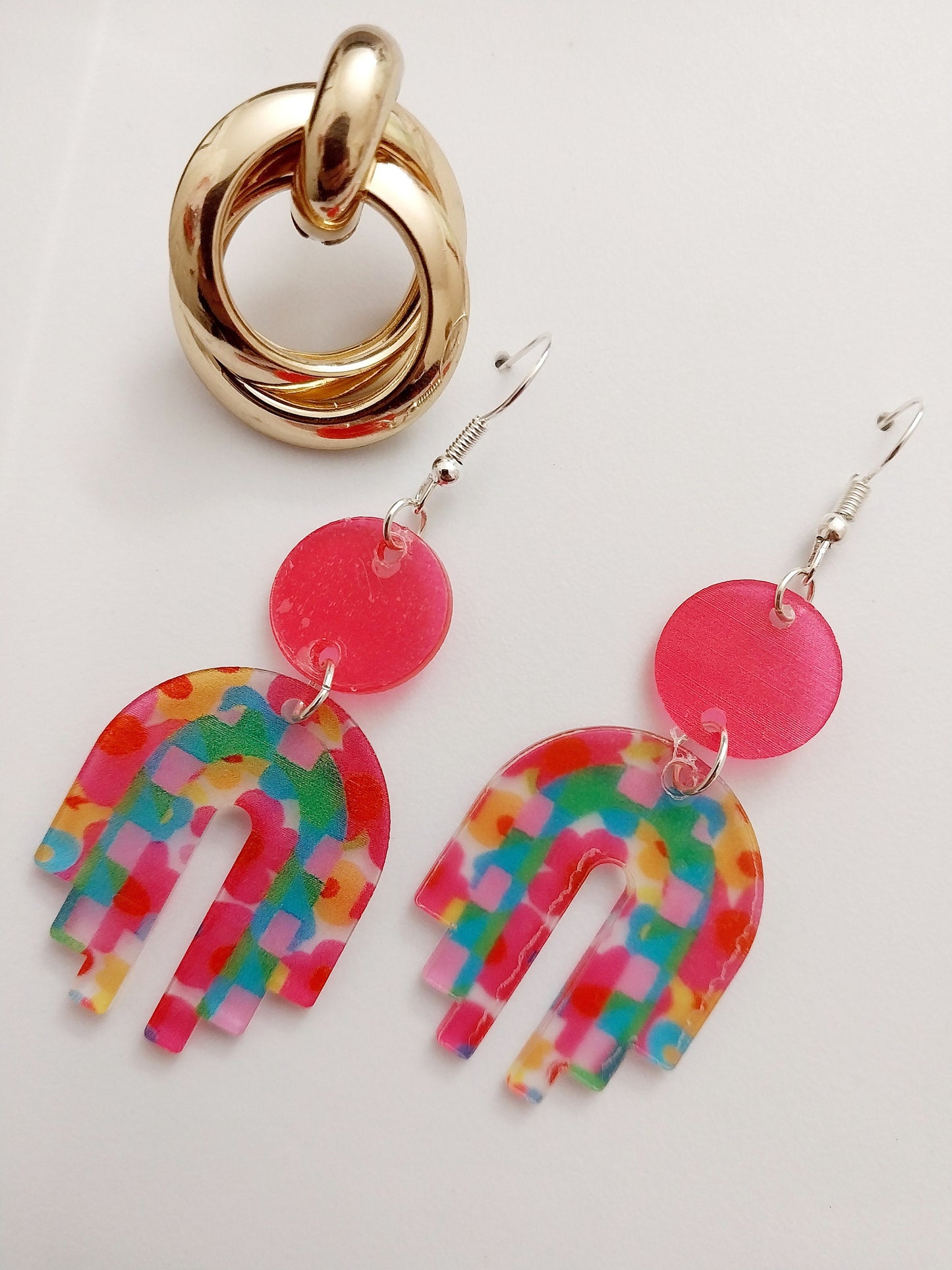 Rainbow Drop Earrings Circle Geometry Earrings Handmade USA Unique Design Pink Earrings Colorful New Style Romantic Jewelry Free Shipping