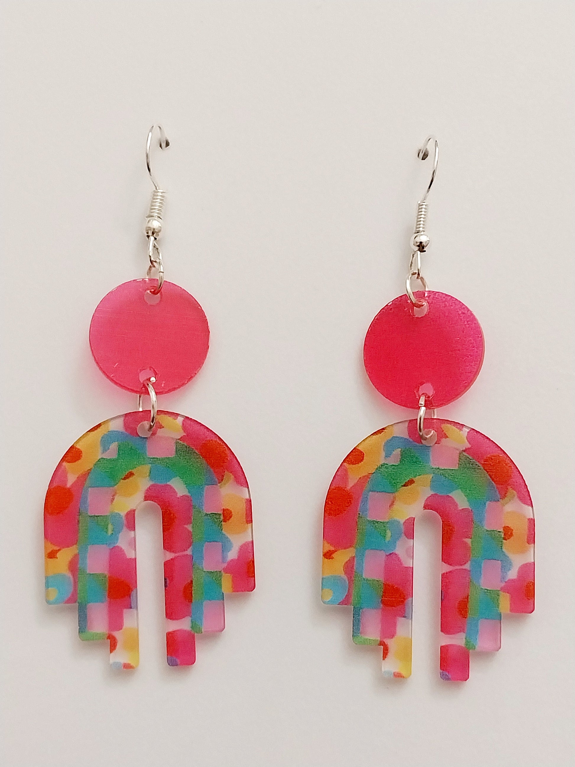 Rainbow Drop Earrings Circle Geometry Earrings Handmade USA Unique Design Pink Earrings Colorful New Style Romantic Jewelry Free Shipping