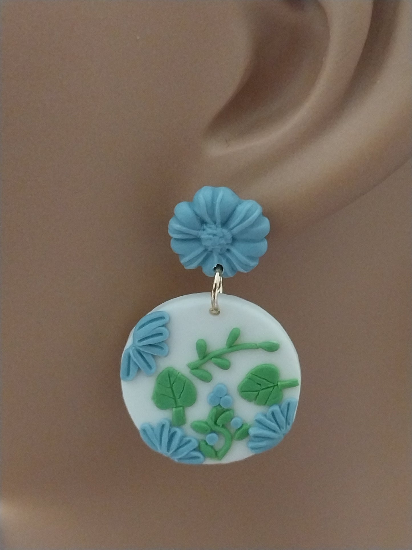 Handmade Blue Flowers Earring Polymer Clay Flower Earring Vintage Blue Clay Drop Earring