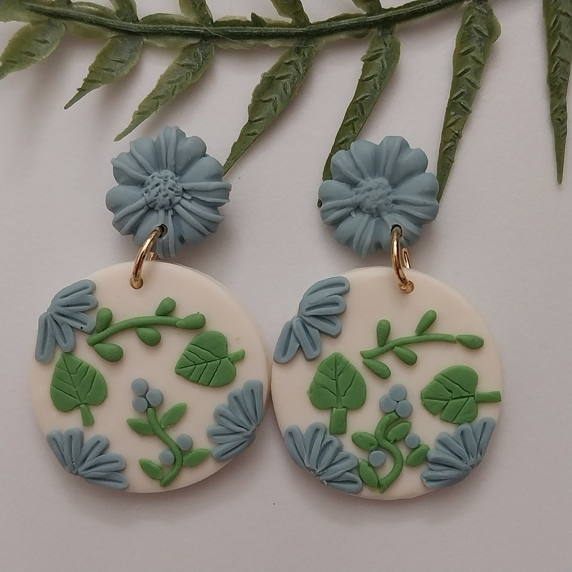 Handmade Blue Flowers Earring Polymer Clay Flower Earring Vintage Blue Clay Drop Earring