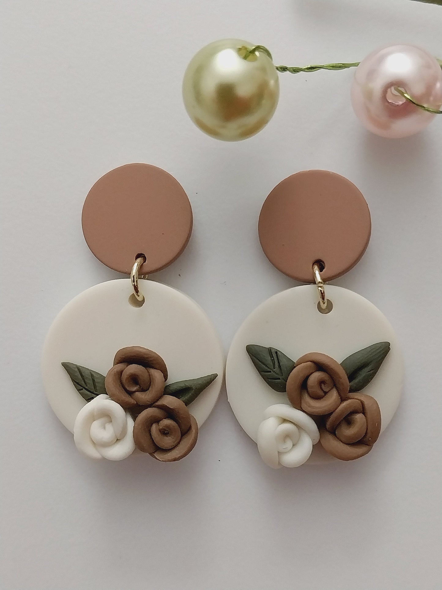 Brown Clay Flower Earrings New Design Polymer Clay Earring Brown White Rose Flower Drop Earring Floral Clay Handmade Earring Free Shipping