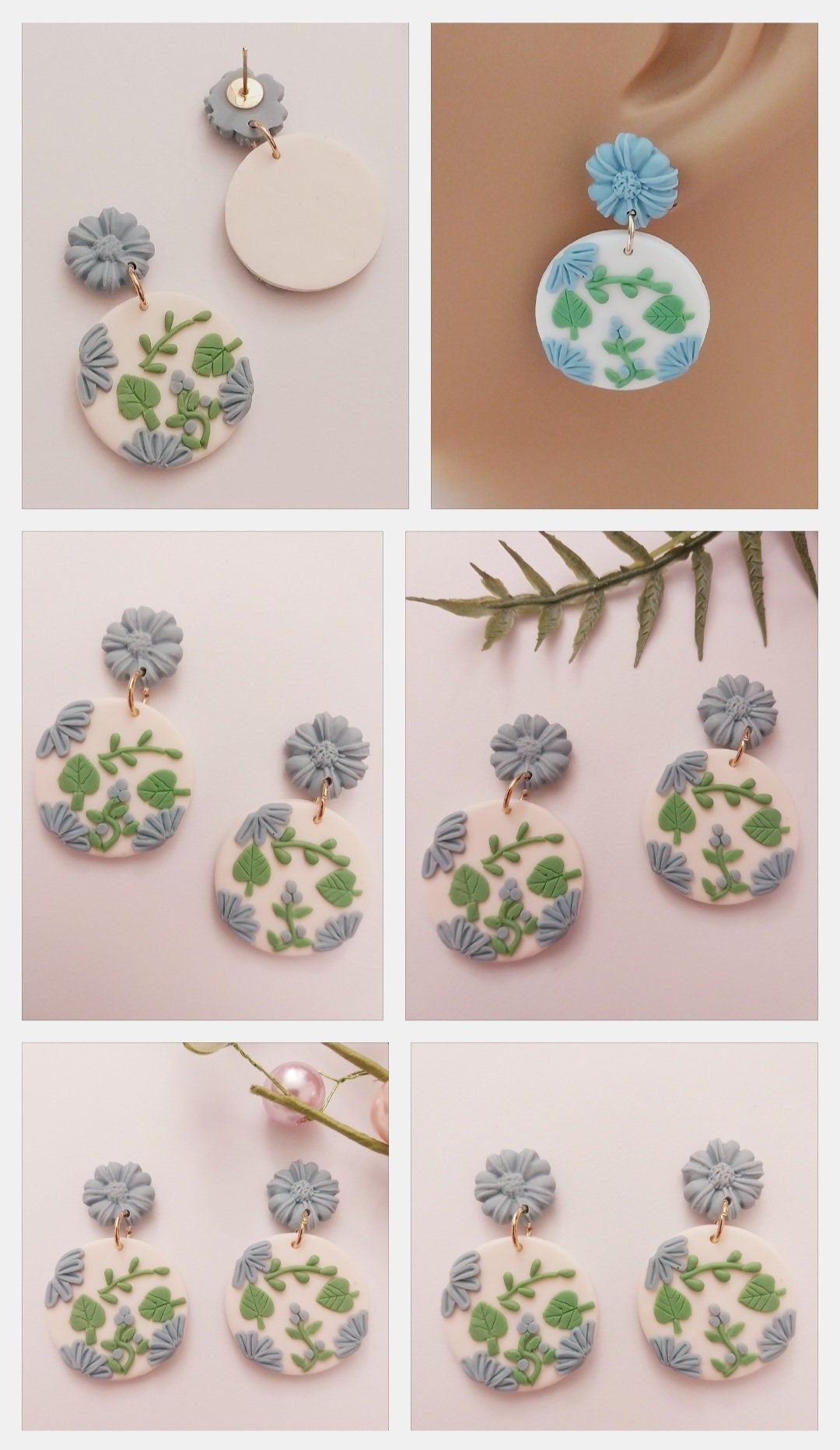 Handmade Blue Flowers Earring Polymer Clay Flower Earring Vintage Blue Clay Drop Earring