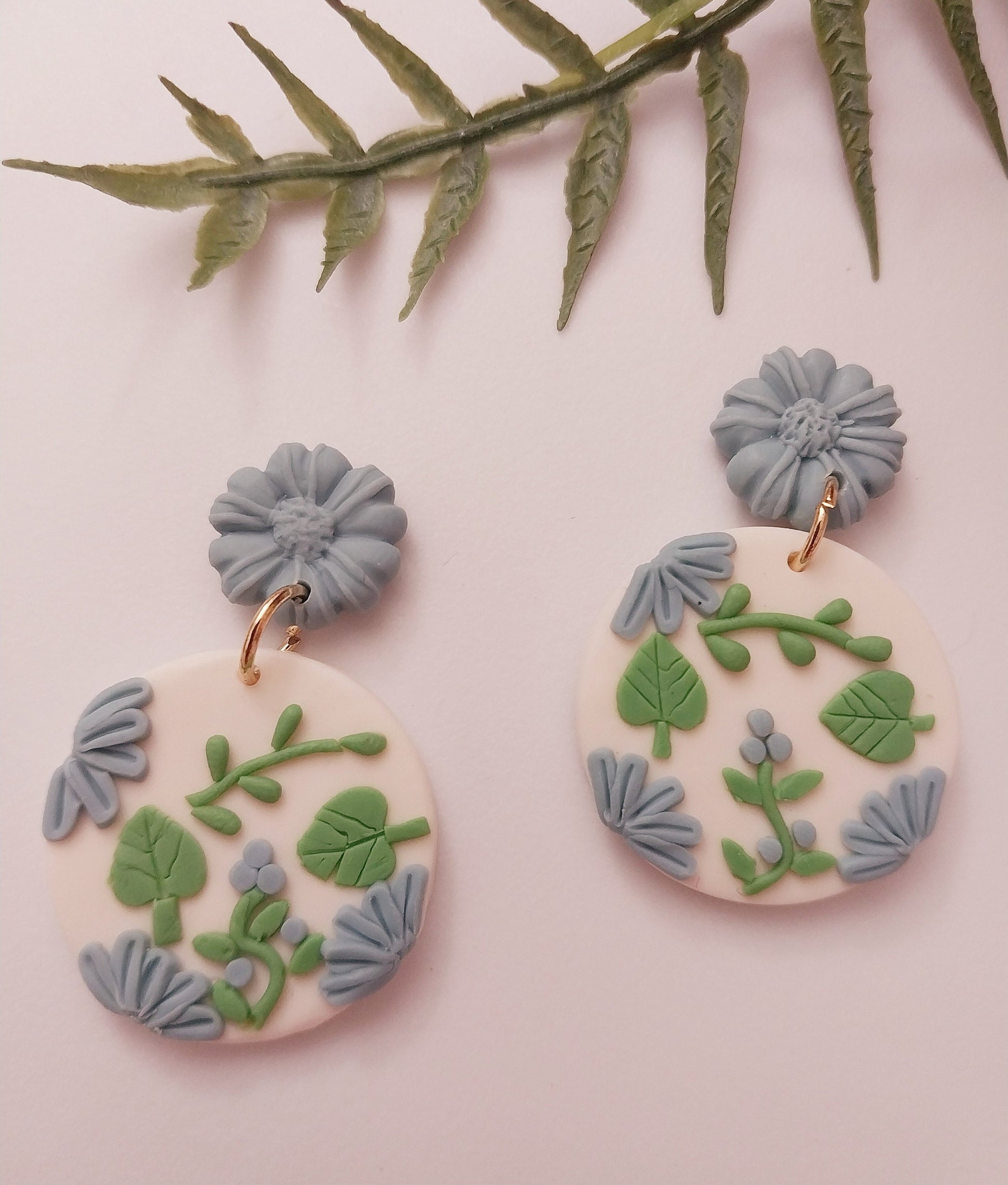 Handmade Blue Flowers Earring Polymer Clay Flower Earring Vintage Blue Clay Drop Earring