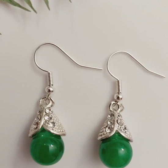 Green Drop Ball Earrings Green Drop Earrings Red Beads Jewelry Red Round Ball Earring CZ Sterling Sliver Earrings