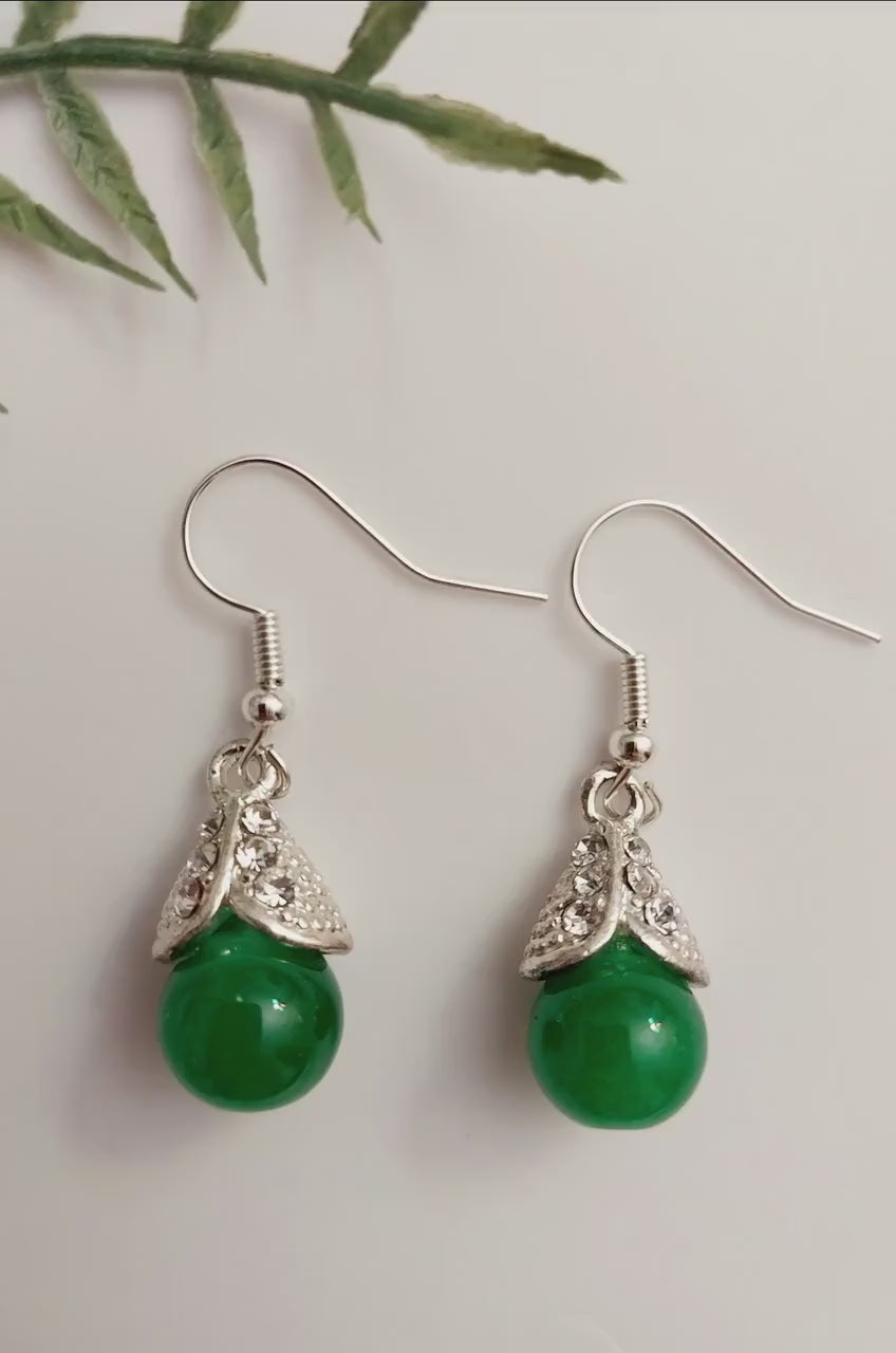 Green Drop Ball Earrings Green Drop Earrings Red Beads Jewelry Red Round Ball Earring CZ Sterling Sliver Earrings