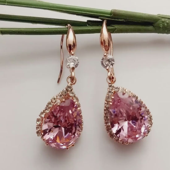 Pink Crystal Dangle Earring Simulate Morganite Tone Earring Water Sterling Silver Earrings Rose Gold Plated Sparkling High Quality Earring