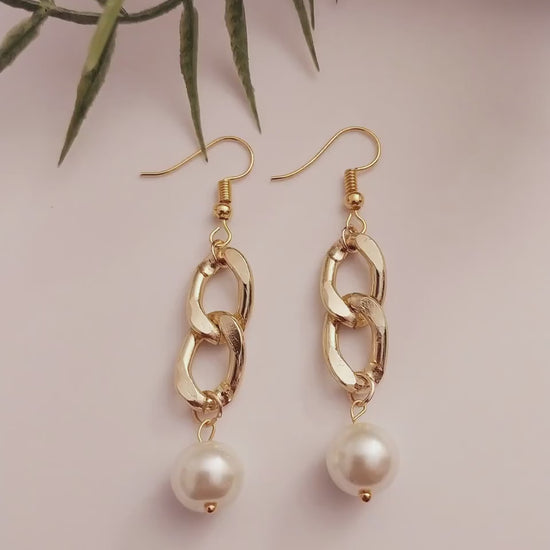 Chain Faux Pearl Drop Earrings Long Multi Link Earrings Gold Chain Peal Drop Earrings Vintage Chain Clip On Earring New Fashion Handmade