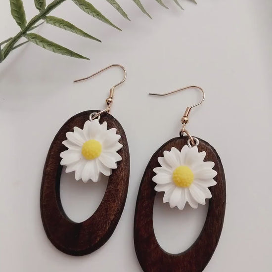 1 in 2 Flower Earrings Ovel Wooden Earrings White Flower Earrings Oval Drop Earrings Sunflower Earrings Yellow Flower Earrings