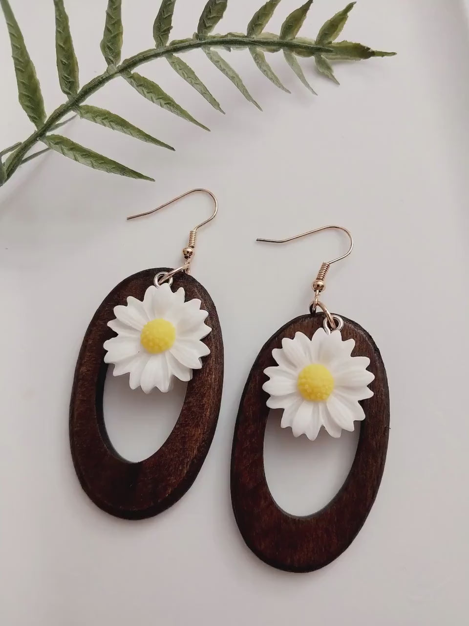 1 in 2 Flower Earrings Ovel Wooden Earrings White Flower Earrings Oval Drop Earrings Sunflower Earrings Yellow Flower Earrings