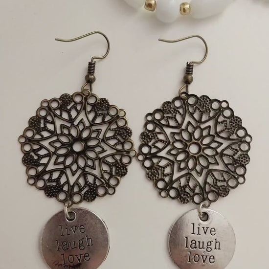 Retro Earrings Lucky Earrings Double Side Fashion Earrings Ornate Earrings Black Flower Earrings Live laugh Love Earring Happy Life Earrings