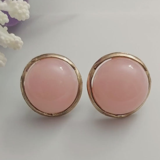 Pink Stud Earrings White Stud Earring Boho Round Pink Earrings Artisanal Earring Unique Earring 20mm Large Earring Pink Opal Color Earrings