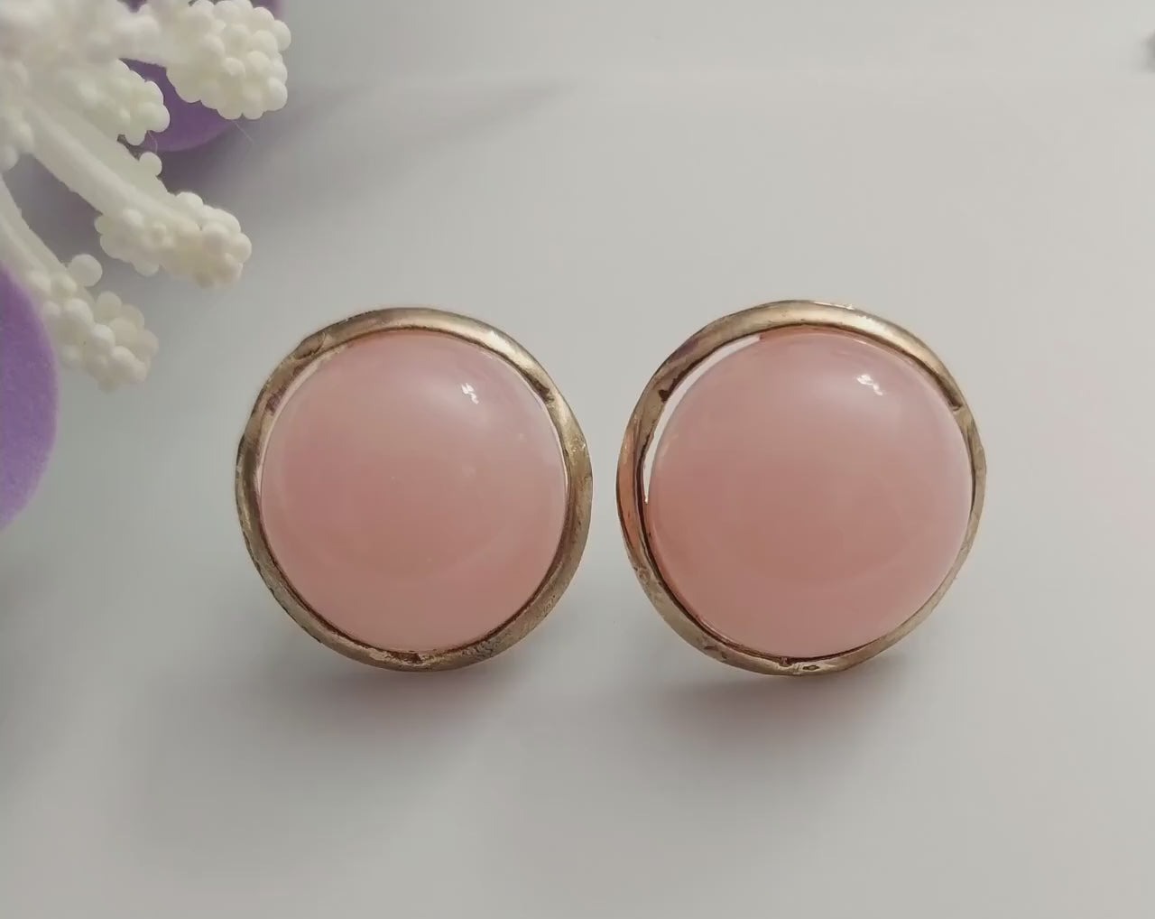 Pink Stud Earrings White Stud Earring Boho Round Pink Earrings Artisanal Earring Unique Earring 20mm Large Earring Pink Opal Color Earrings