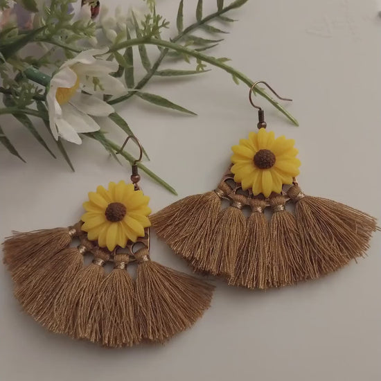 Flower Earrings Sunflower Earrings Fringe Drop Earrings Artisanal Earrings South Style Earring Unique Earring Vacation Earring